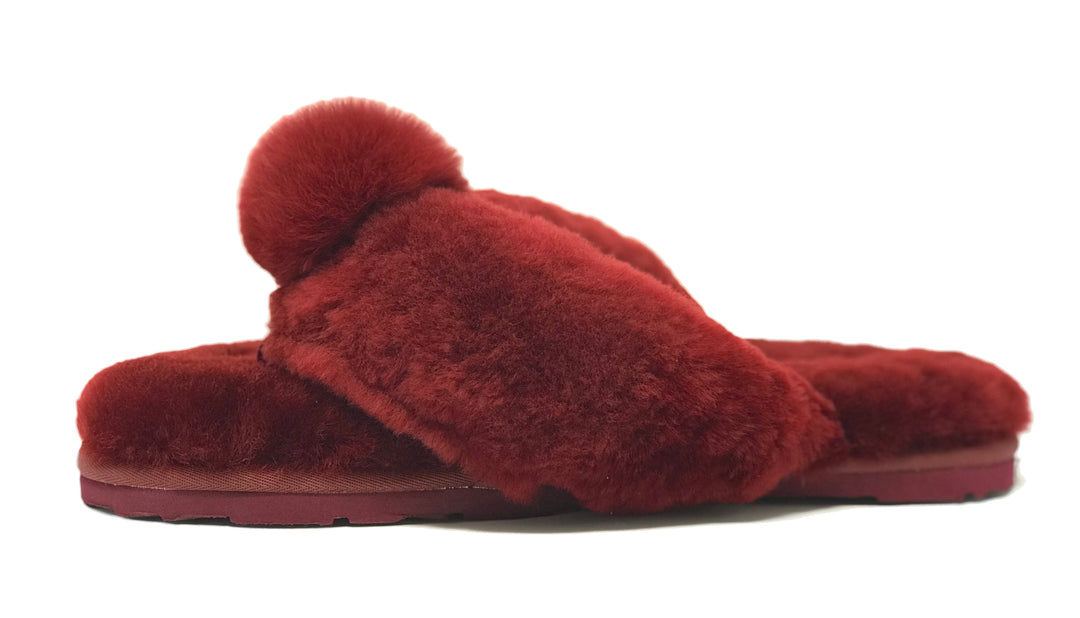 New Style Sheepskin Fluffy Flip-flop with Pong Pong Front - Burgundy