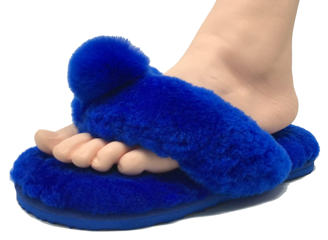 New Style Sheepskin Fluffy Flip-flop with Pong Pong Front - Blue