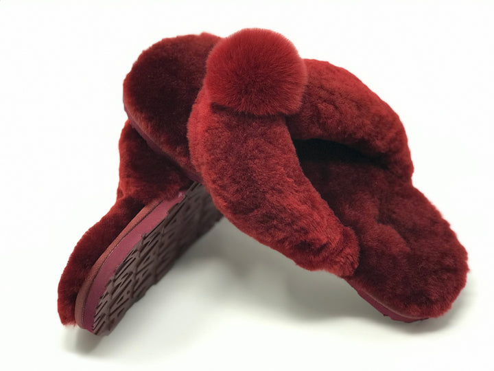 New Style Sheepskin Fluffy Flip-flop with Pong Pong Front - Burgundy