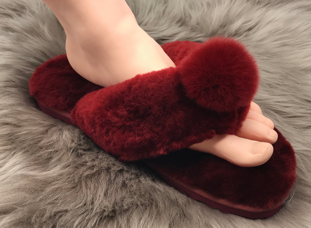 New Style Sheepskin Fluffy Flip-flop with Pong Pong Front - Burgundy