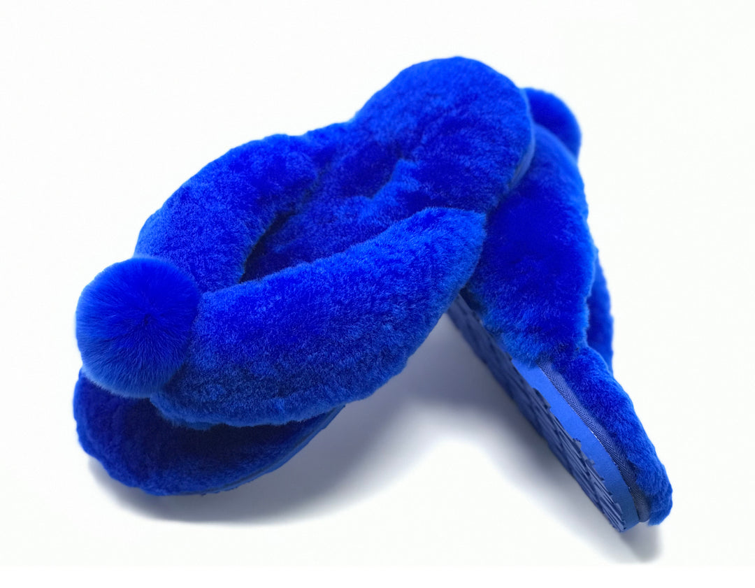 New Style Sheepskin Fluffy Flip-flop with Pong Pong Front - Blue