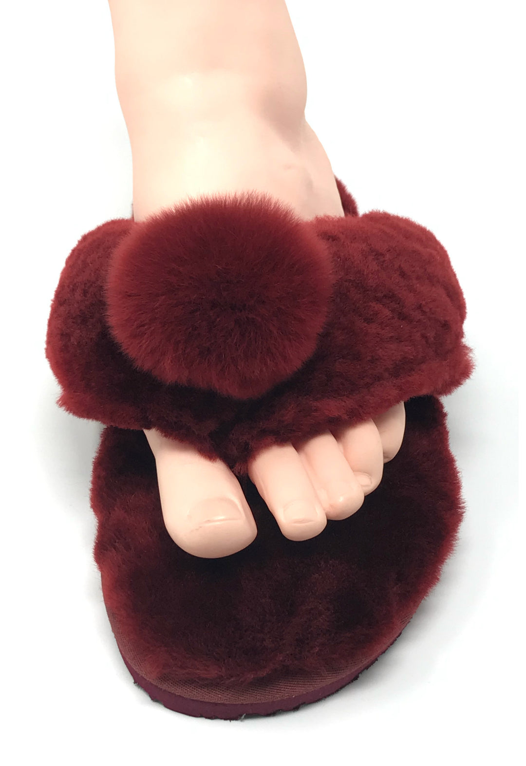 New Style Sheepskin Fluffy Flip-flop with Pong Pong Front - Burgundy