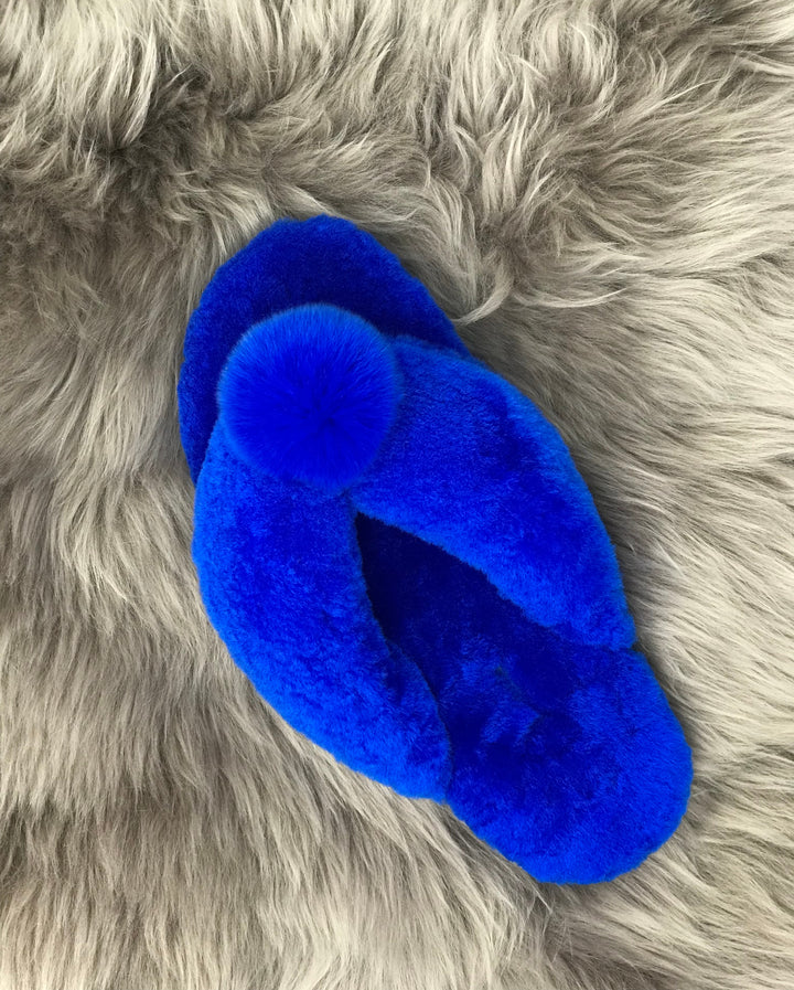 New Style Sheepskin Fluffy Flip-flop with Pong Pong Front - Blue