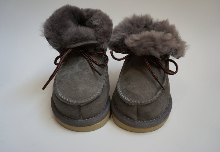 Unisex Baby Toddler Sheepskin Boots with Ties - Grey