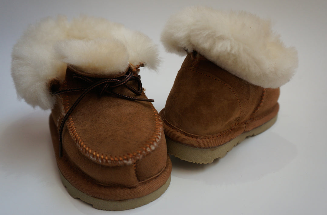 Unisex Baby Toddler Sheepskin Boots with Ties - Tan