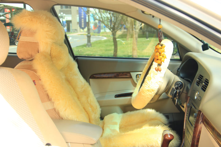 Long Wool Sheepskin Car Seat Cover (x1) - Beige