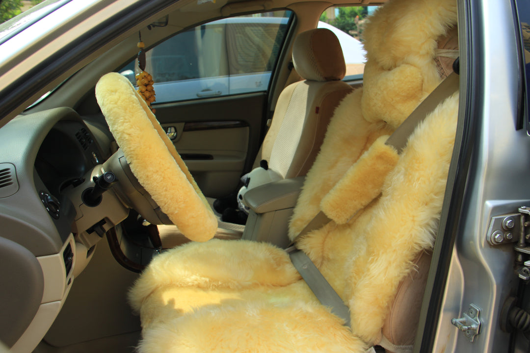 Long Wool Sheepskin Car Seat Cover (x1) - Beige