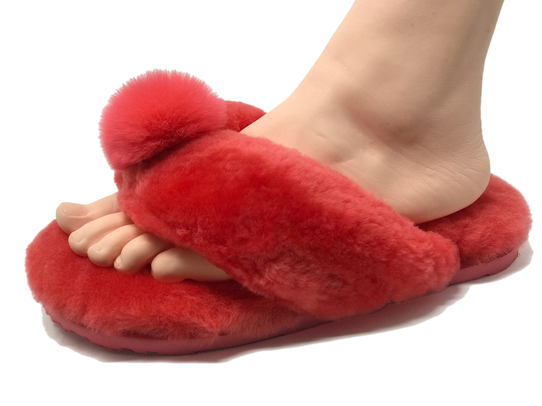 New Style Sheepskin Fluffy Flip-flop with Pong Pong Front - Red