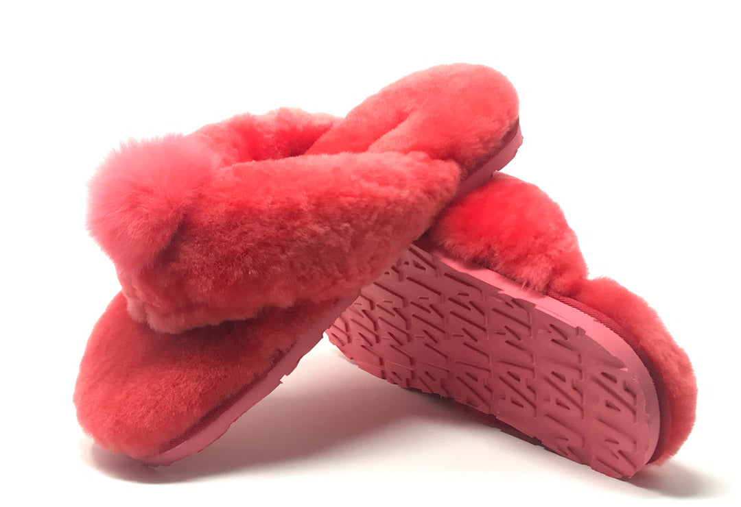 New Style Sheepskin Fluffy Flip-flop with Pong Pong Front - Red