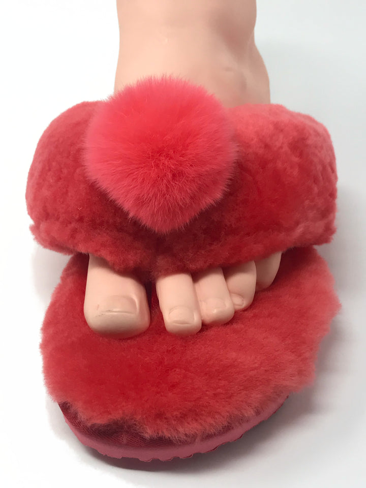 New Style Sheepskin Fluffy Flip-flop with Pong Pong Front - Red