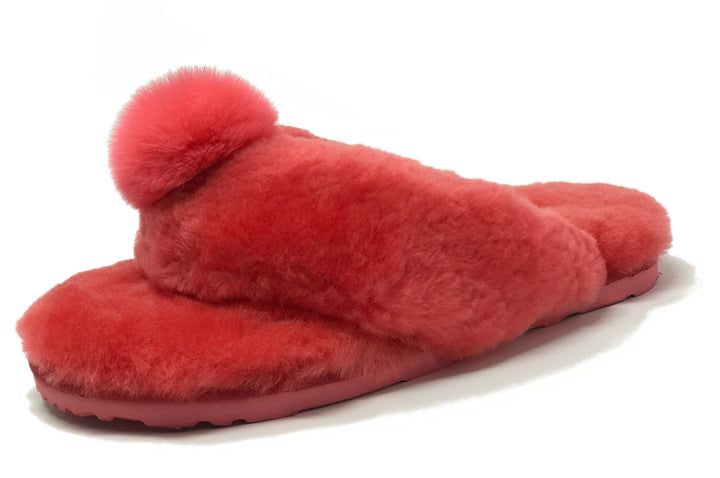 New Style Sheepskin Fluffy Flip-flop with Pong Pong Front - Red